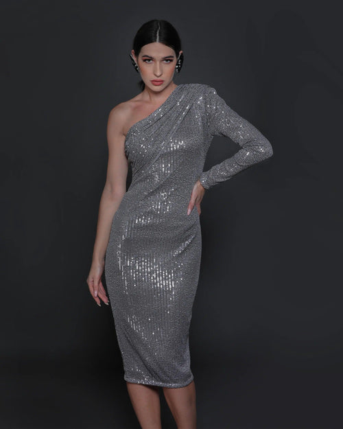 IRINA ONE SHOULDER DRESS (SILVER)-Womenue