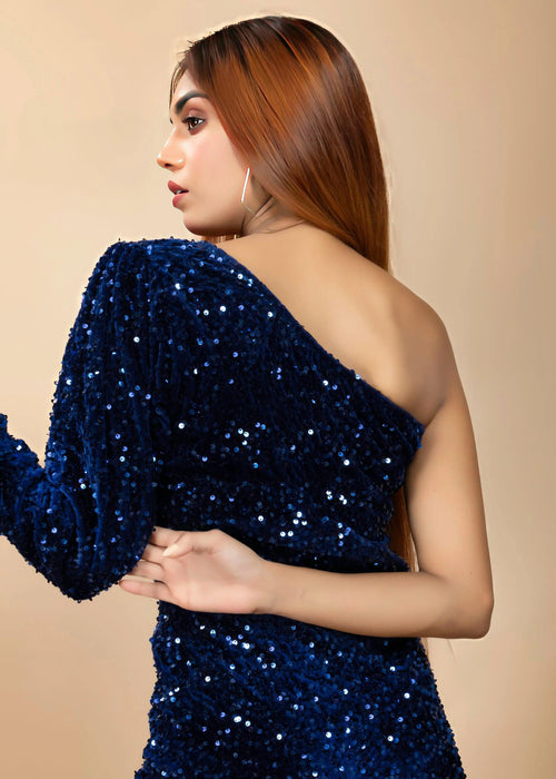 ONE-SHOULDER ELEGANCE BLUE VELVET SEQUIN DRESS-Womenue