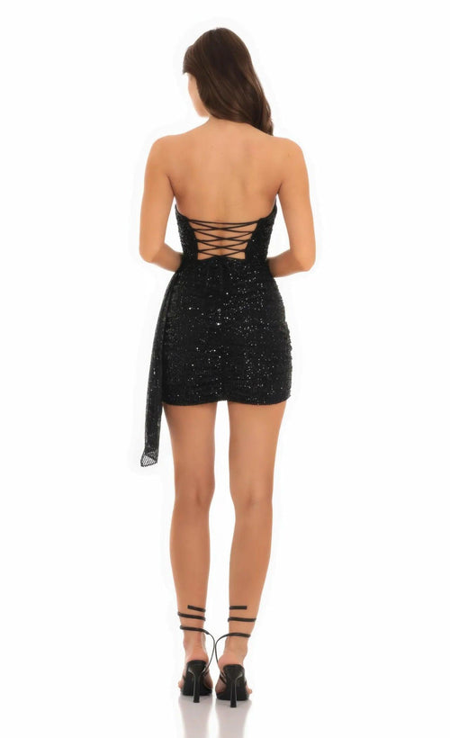 Radiant Nights Strapless Black Sequin Tassel Corset Dress-Womenue