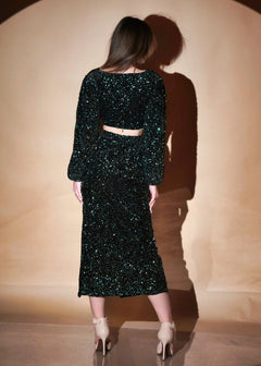 Stunning  V Neck Style Velvet Sequin Top With Side Slit Skirt-Womenue